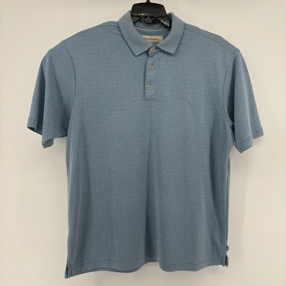 Tommy Bahama Mens Large Blue Textured Grid Modal Blend Short Sleeve Polo Shirt